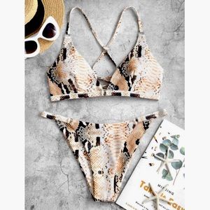 ZAFUL Snakeskin O-ring Lace-up Bikini Swimsuit